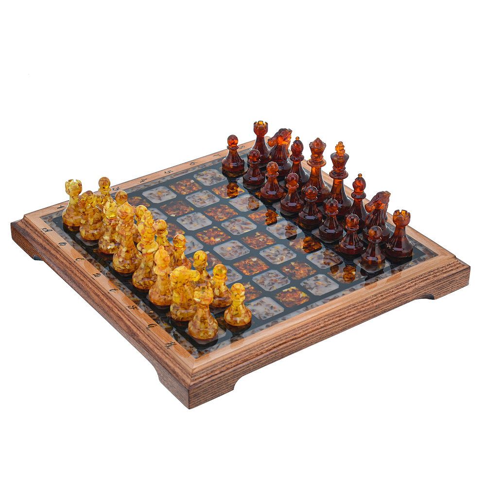 Шахматы с янтарными фигурами 28х28 см - интернет магазин Русь Велика я 