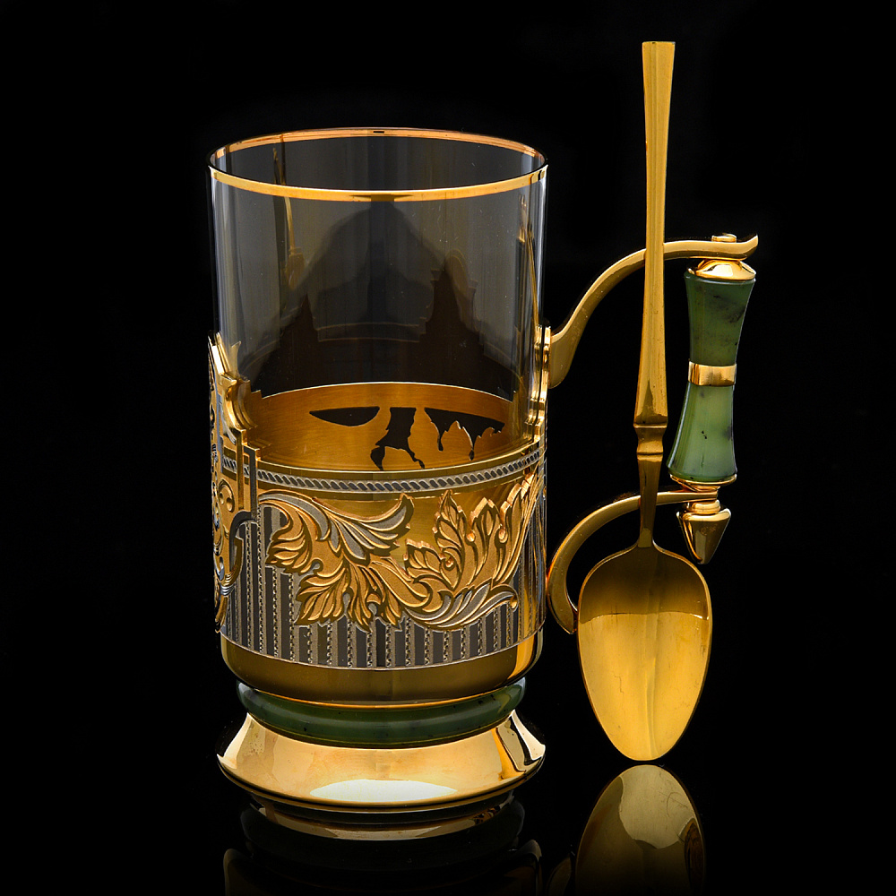 Подстаканник с золочением и нефритом «Орнамент». Златоуст - интернет магазин Русь Велика я 