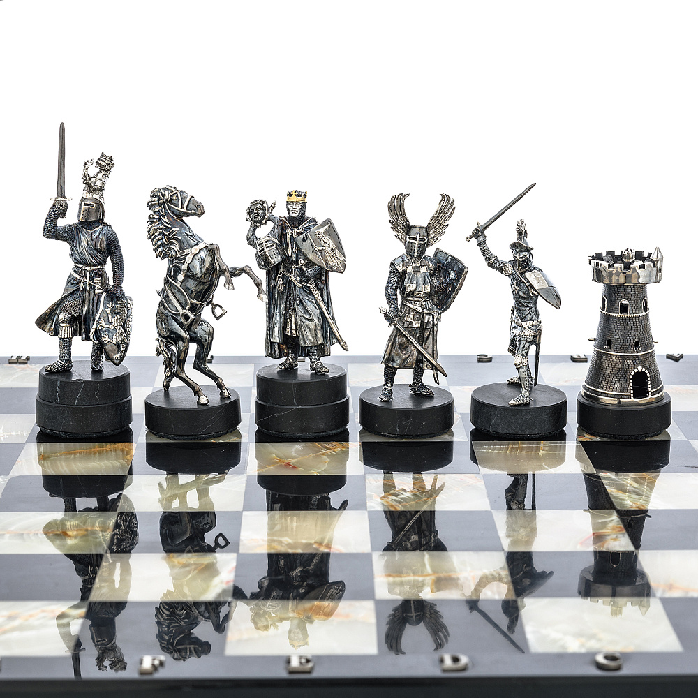Шахматы с полем из камня и фигурами из серебра «Сражение» 35х35 см - интернет магазин Русь Велика я фото 3