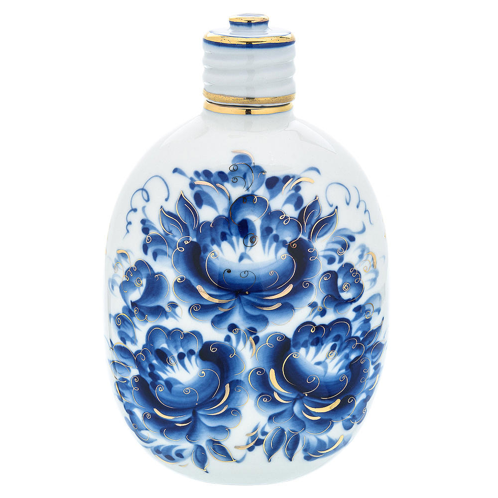 Фарфоровый штоф-фляжка 0,5 л «Цветы». Гжель в золоте - интернет магазин Русь Велика я 