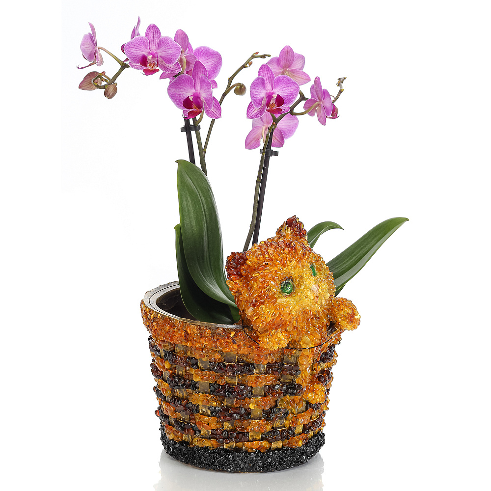 Скульптура-кашпо из янтаря «Кот в корзинке» - интернет магазин Русь Велика я фото 2