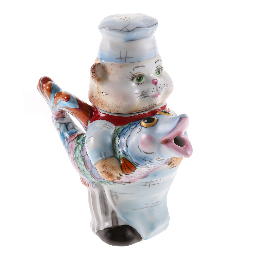 Чайник «Кот-повар». Гжель в цвете - интернет магазин Русь Велика я фото 1