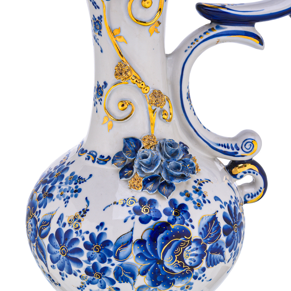 Кувшин фарфоровый с лепкой. Гжель в золоте - интернет магазин Русь Велика я фото 2