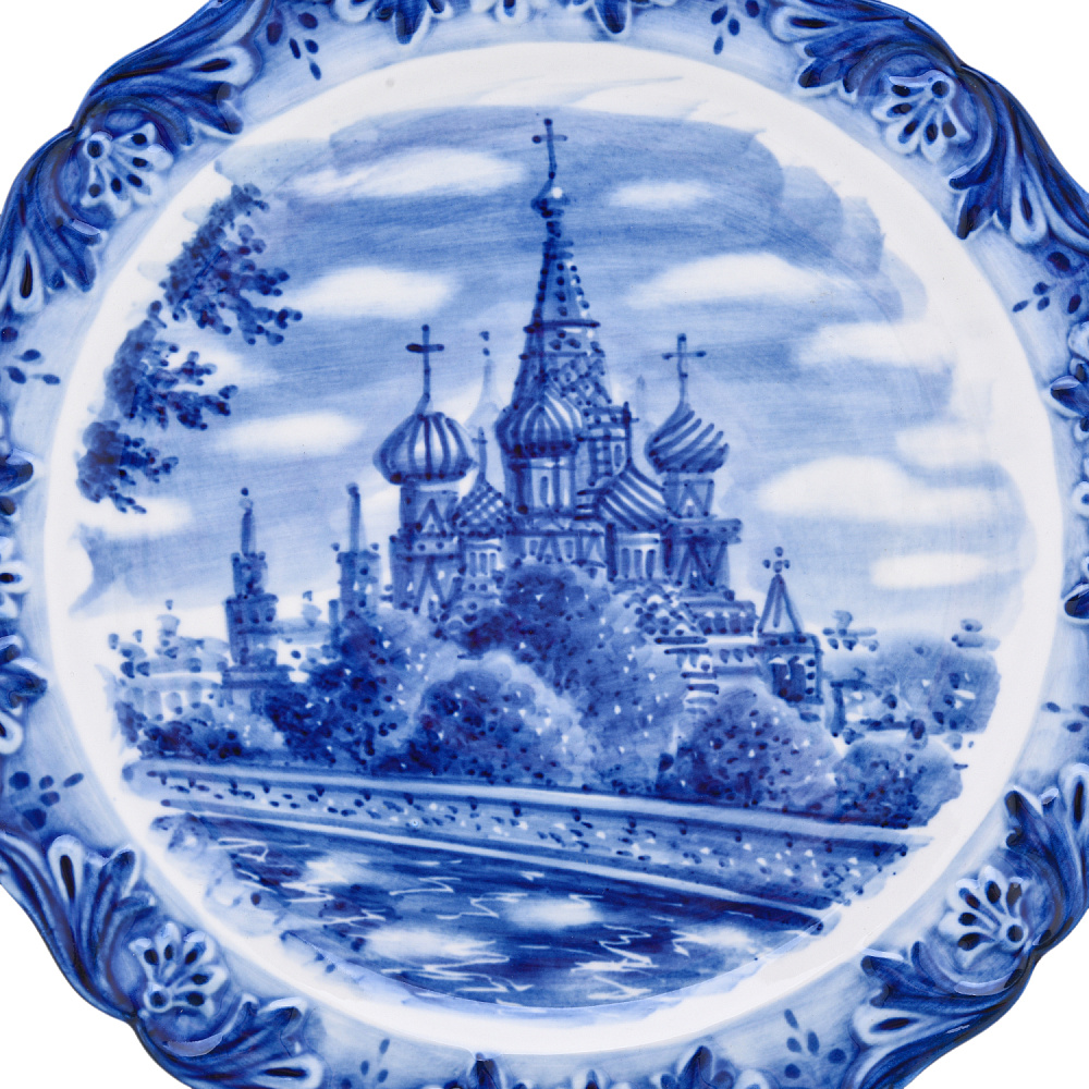 Тарелка декоративная «Храм Василия Блаженного». Гжель - интернет магазин Русь Велика я фото 1