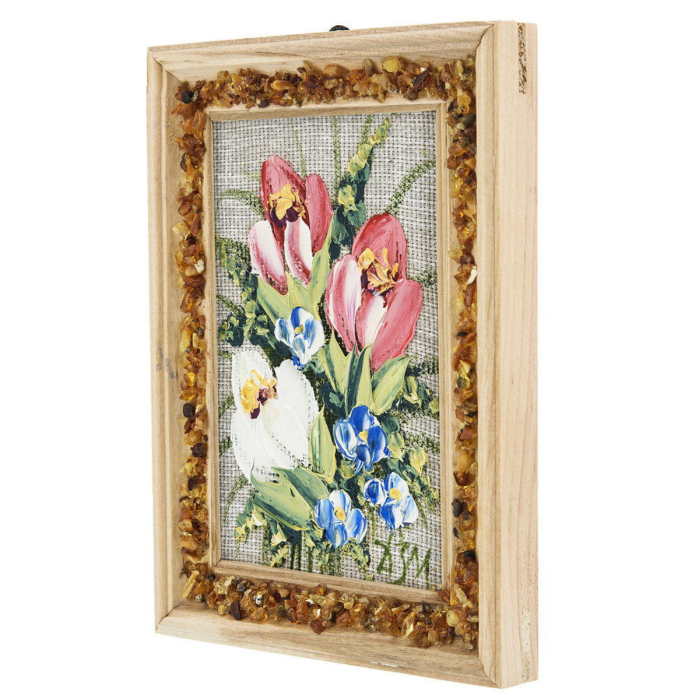 Панно в янтарной раме «Букет цветов» 12,5х16,5 см - интернет магазин Русь Велика я фото 1