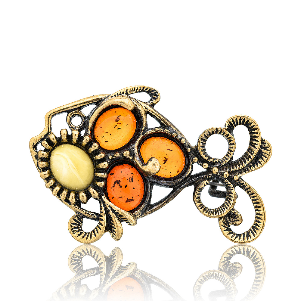 Брошь с янтарем «Рыбка Чешуя» - интернет магазин Русь Велика я 
