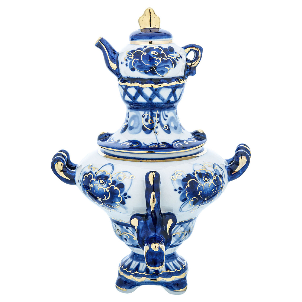 Сувенирный самовар-шкатулка. Гжель в золоте - интернет магазин Русь Велика я 