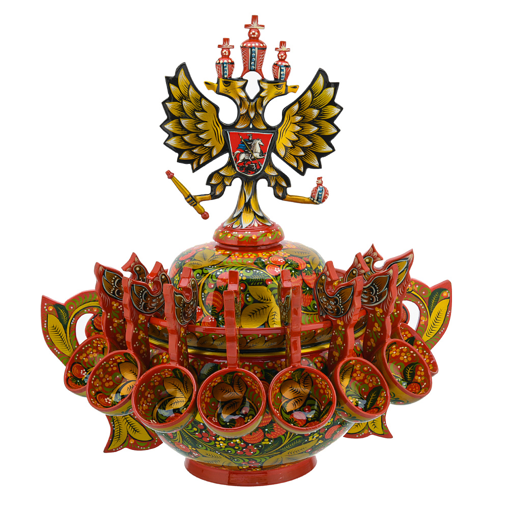 Братина с ковшами «Герб РФ». Хохлома - интернет магазин Русь Велика я 