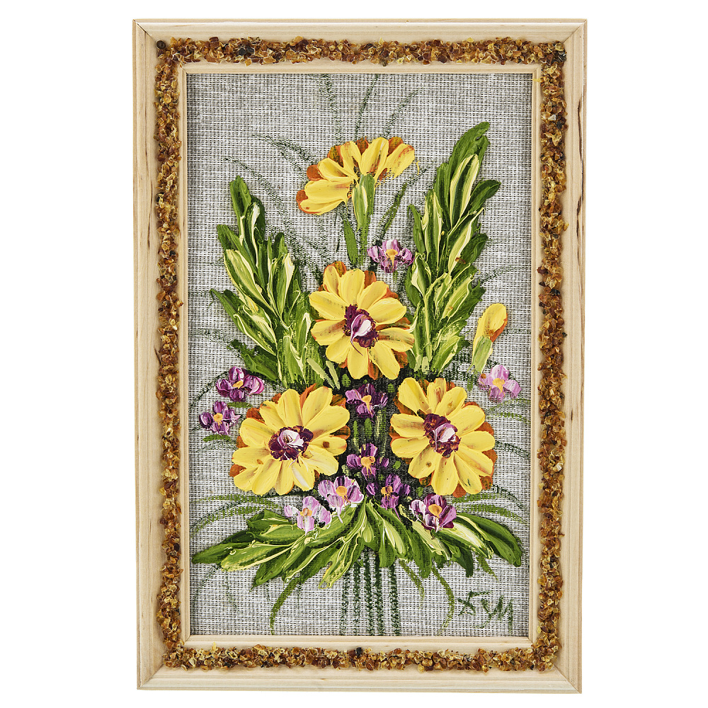 Панно в янтарной раме «Букет цветов» 27х18 см - интернет магазин Русь Велика я 