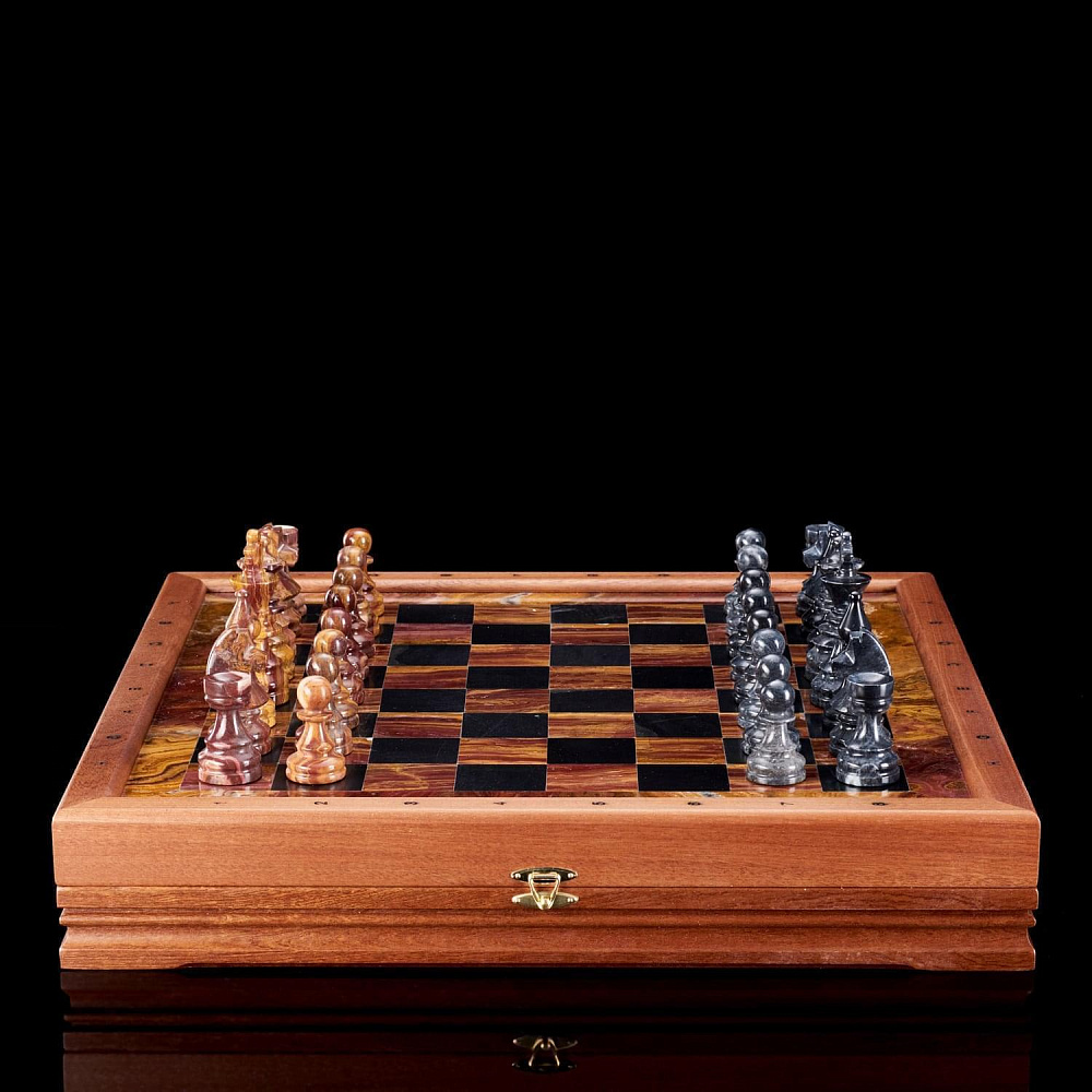 Шахматы деревянные с полем и фигурами из мрамора «Американские» 43х43 см - интернет магазин Русь Велика я 