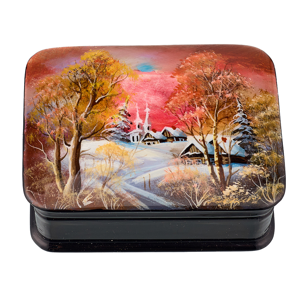 Шкатулка из папье-маше с художественной росписью «Зима в деревне» - интернет магазин Русь Велика я 