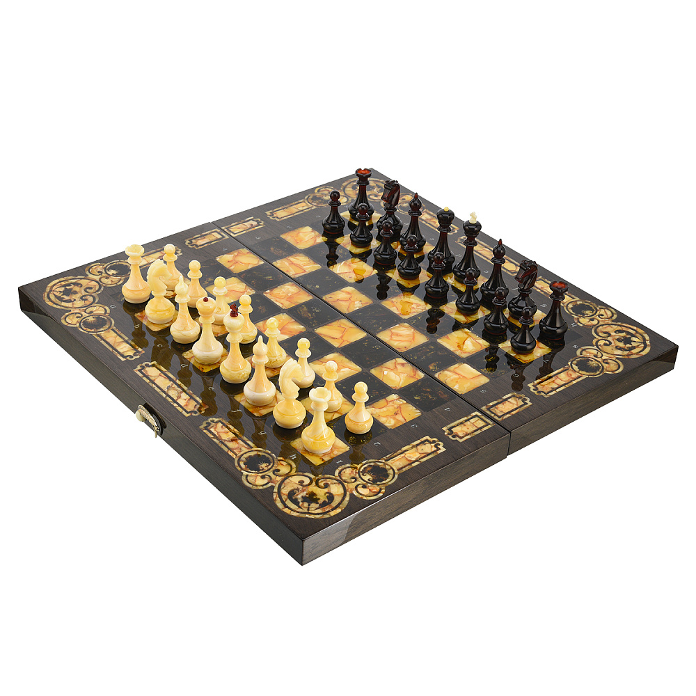 Шахматы с янтарными фигурами «Арабески-Марин» 56х56 см - интернет магазин Русь Велика я 