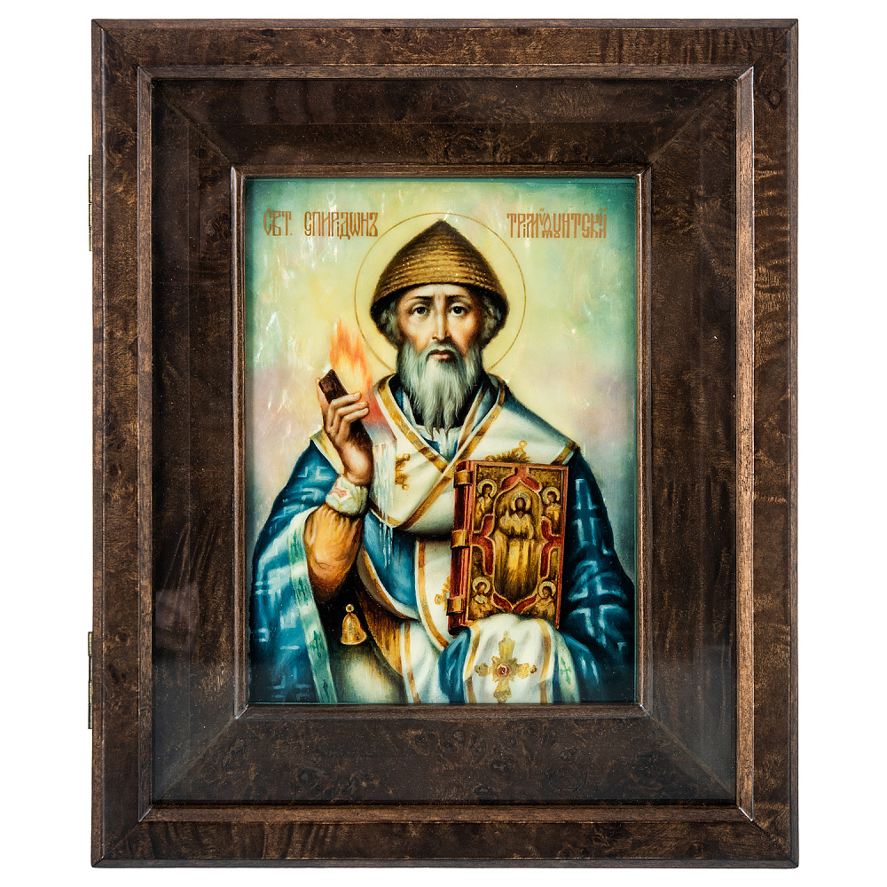 Икона с перламутром «Спиридон Тримифутский» в киоте 29х24 см - интернет магазин Русь Велика я 