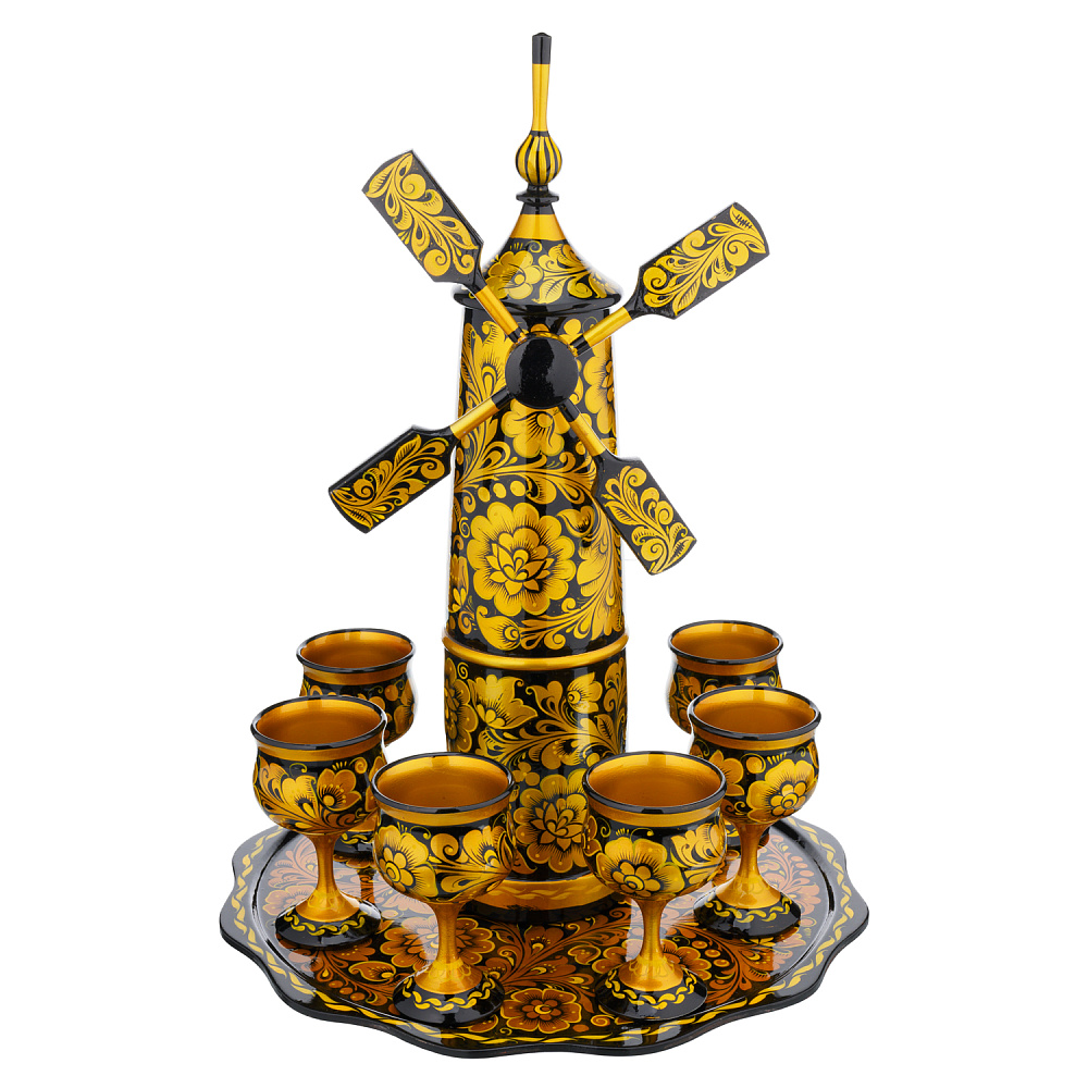 Питейный набор на 6 персон с росписью «Мельница». Хохлома - интернет магазин Русь Велика я фото 1