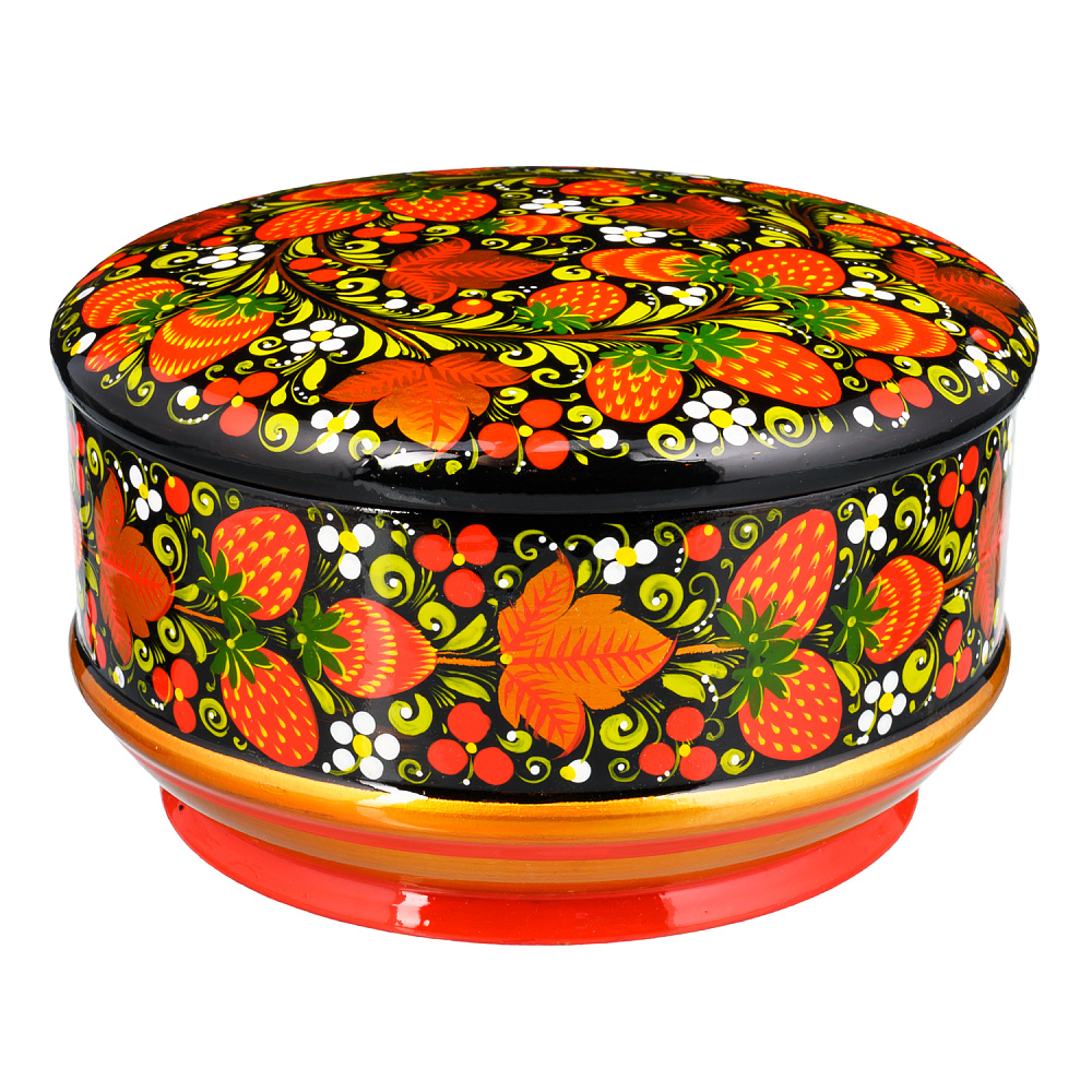 Деревянная круглая шкатулка с росписью «Клубника». Хохлома - интернет магазин Русь Велика я 