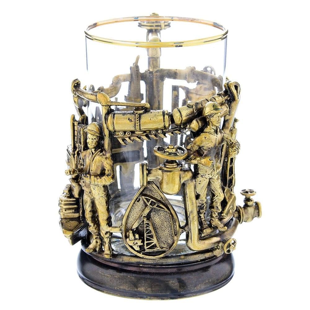 Подстаканник  «НЕФТЯНИКИ» объем ЛИТЬЕ  со стаканом - интернет магазин Русь Велика я 