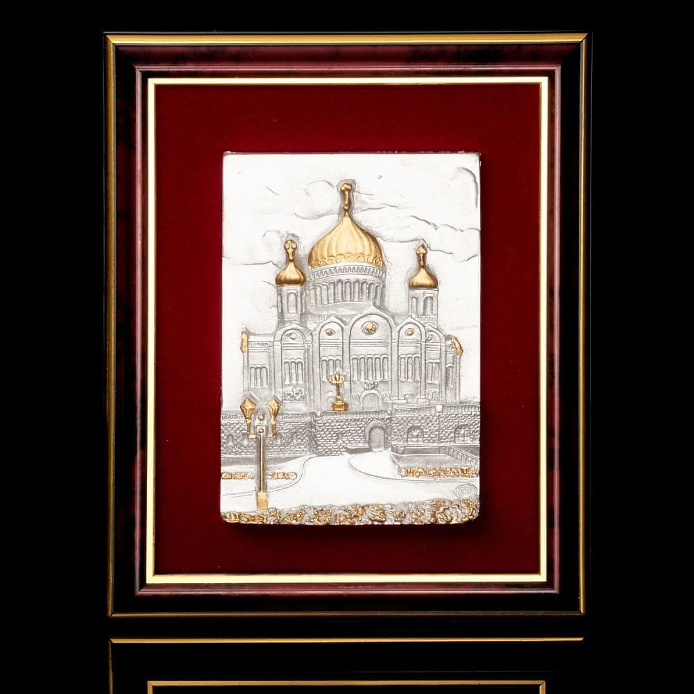 Панно «Храм Христа Спасителя». Чёрно-белая пластина с золотыми куполами 17 х 21 см - интернет магазин Русь Велика я 