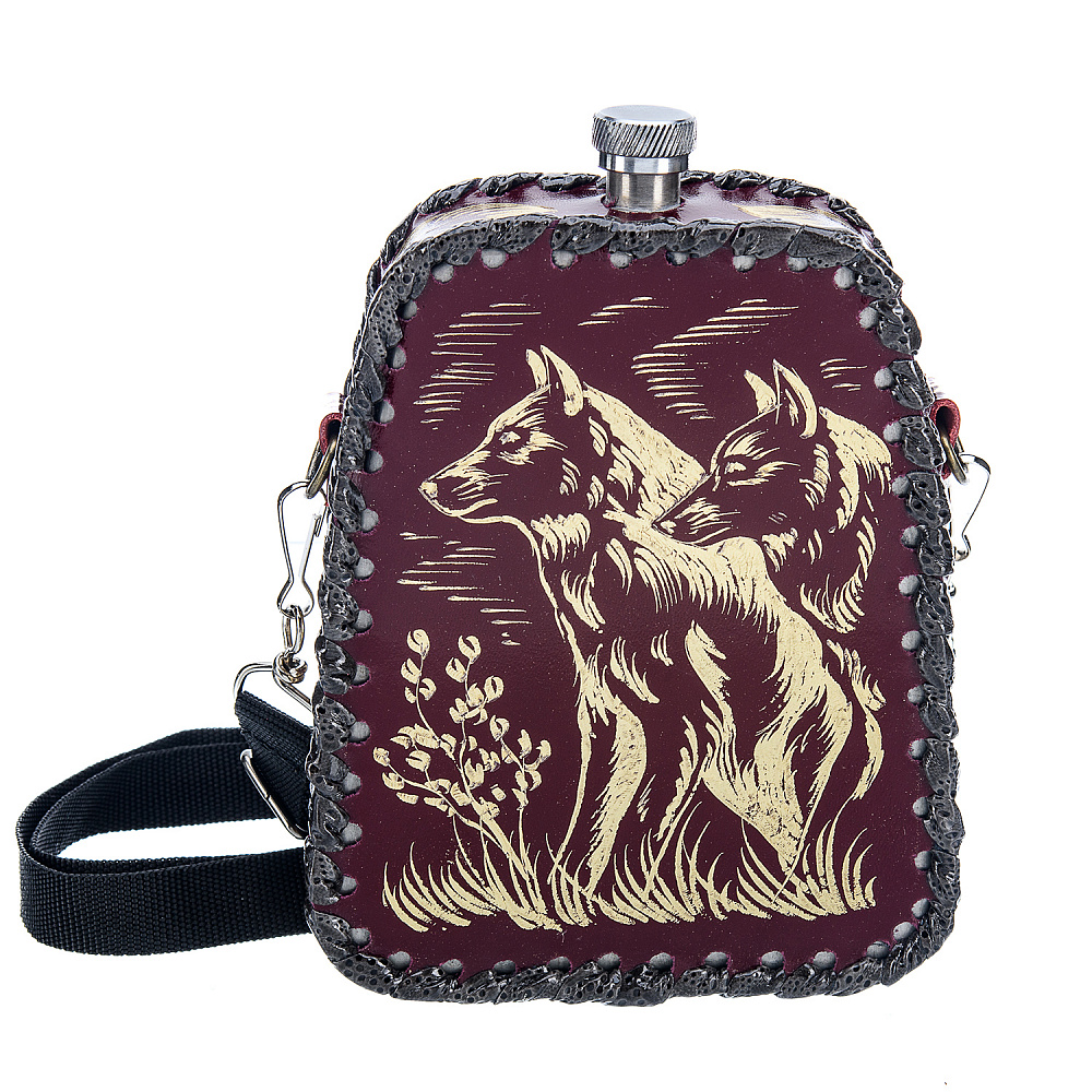 Фляга в кожаном футляре «Волки» 0,7 л - интернет магазин Русь Велика я 