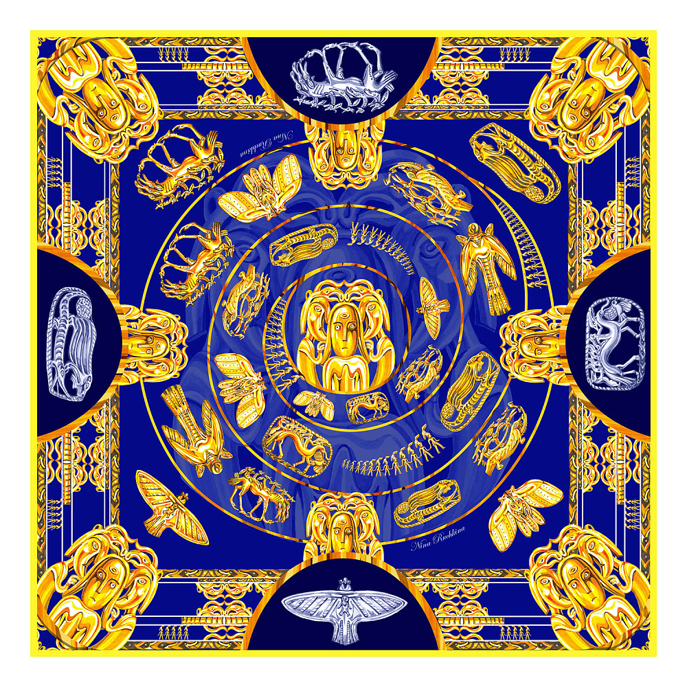 Шелковый платок «Пермский звериный стиль» 90х90 см - интернет магазин Русь Велика я 