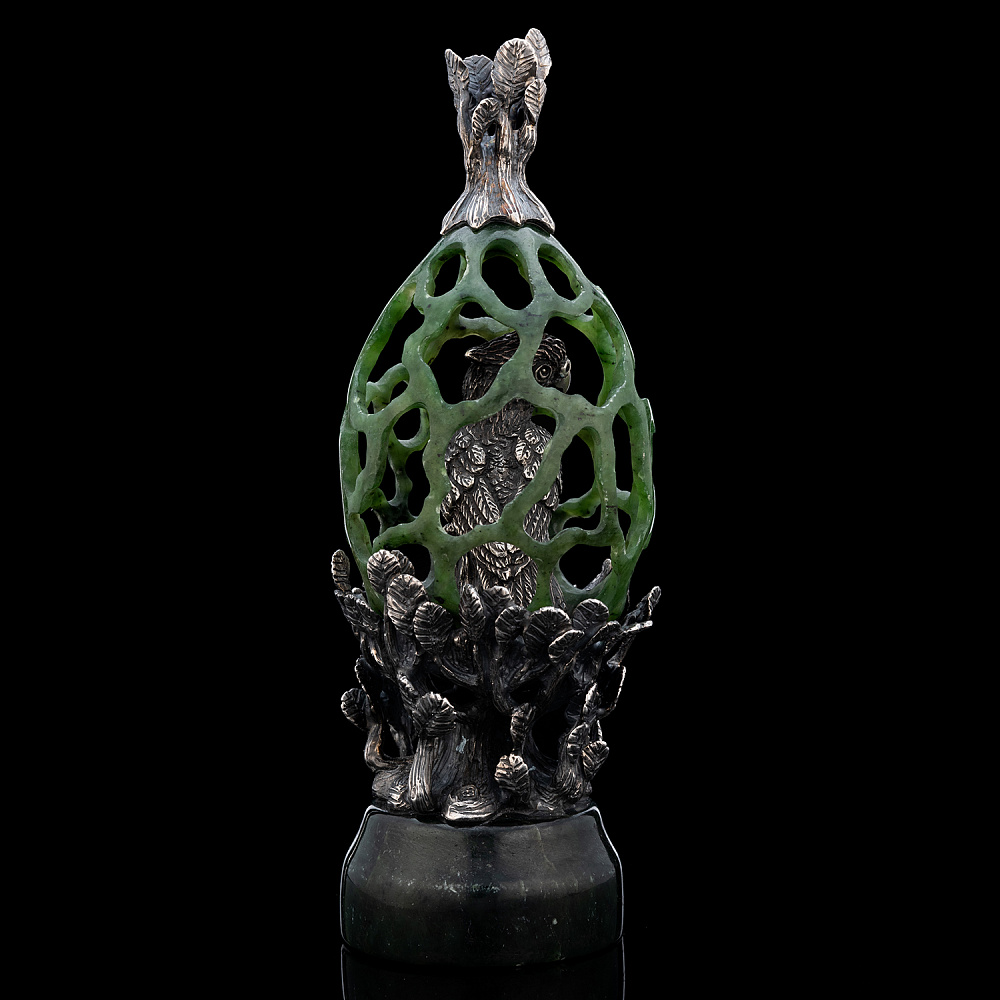 Композиция из нефрита и серебра «Попугай в клетке» - интернет магазин Русь Велика я фото 4