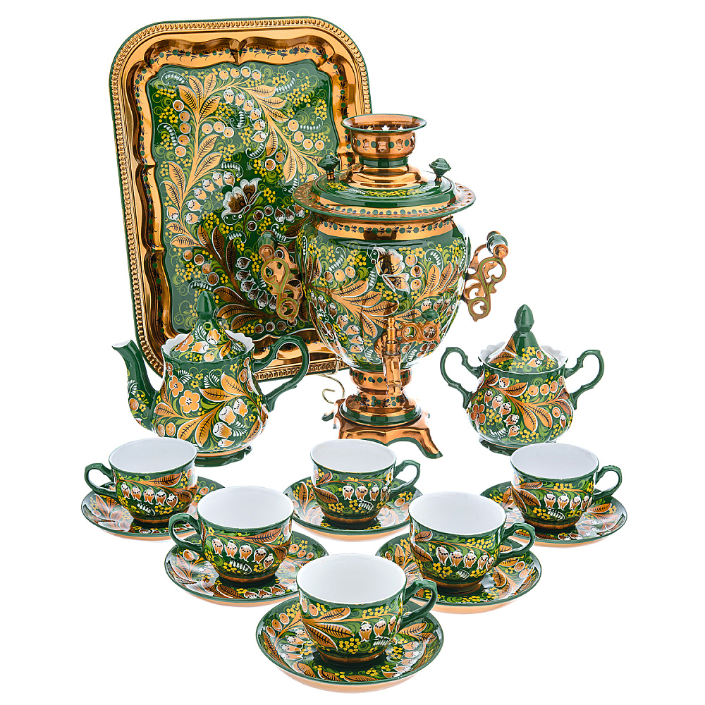 Самовар электрический 3л с сервизом «Ландыш». Хохлома - интернет магазин Русь Велика я 