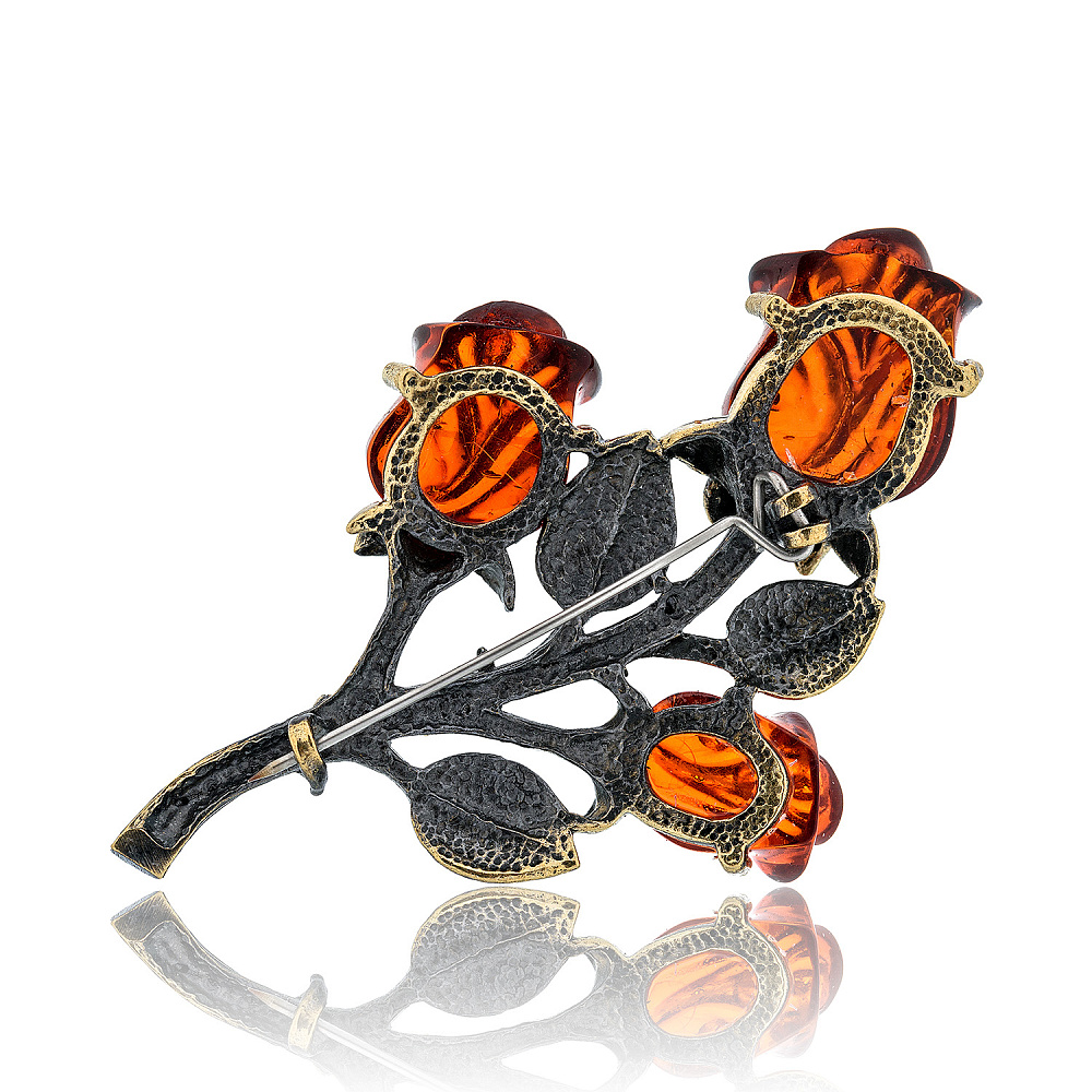 Брошь с янтарем «Розы» (коньячный) - интернет магазин Русь Велика я фото 1