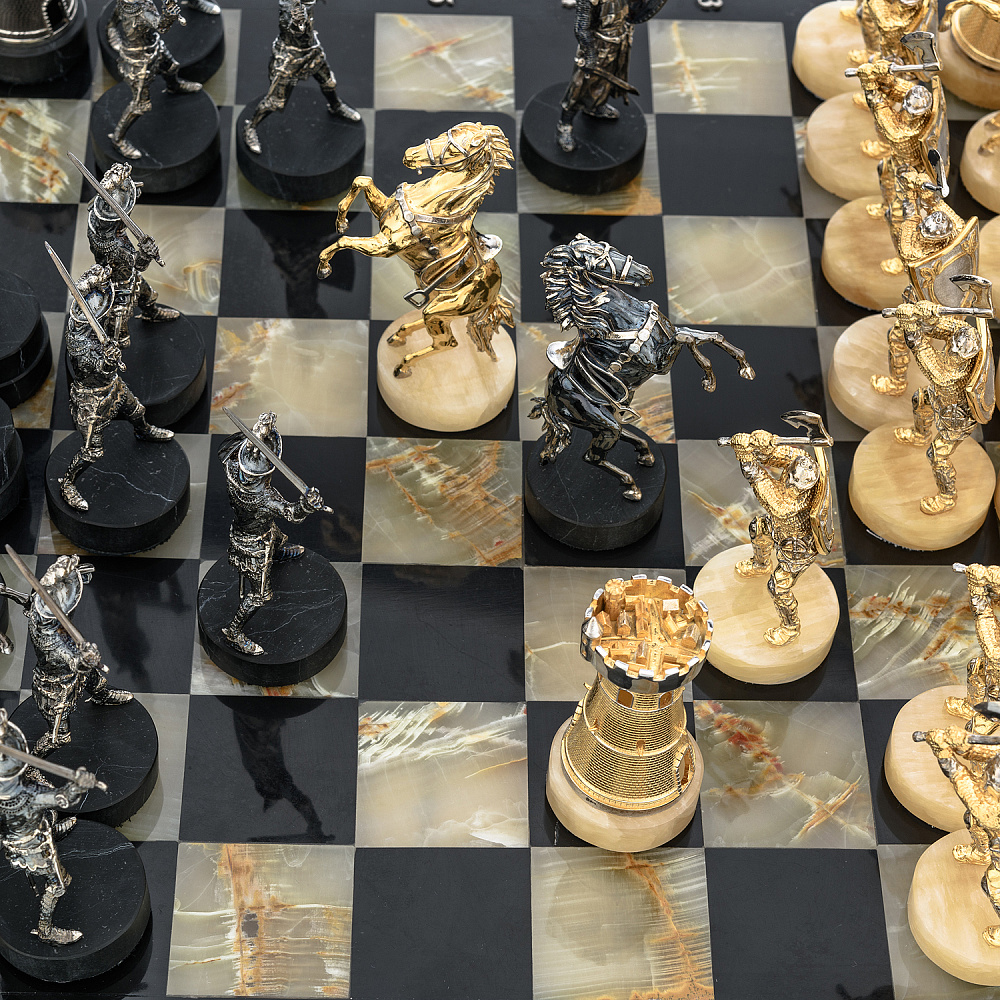 Шахматы с полем из камня и фигурами из серебра «Сражение» 35х35 см - интернет магазин Русь Велика я фото 11