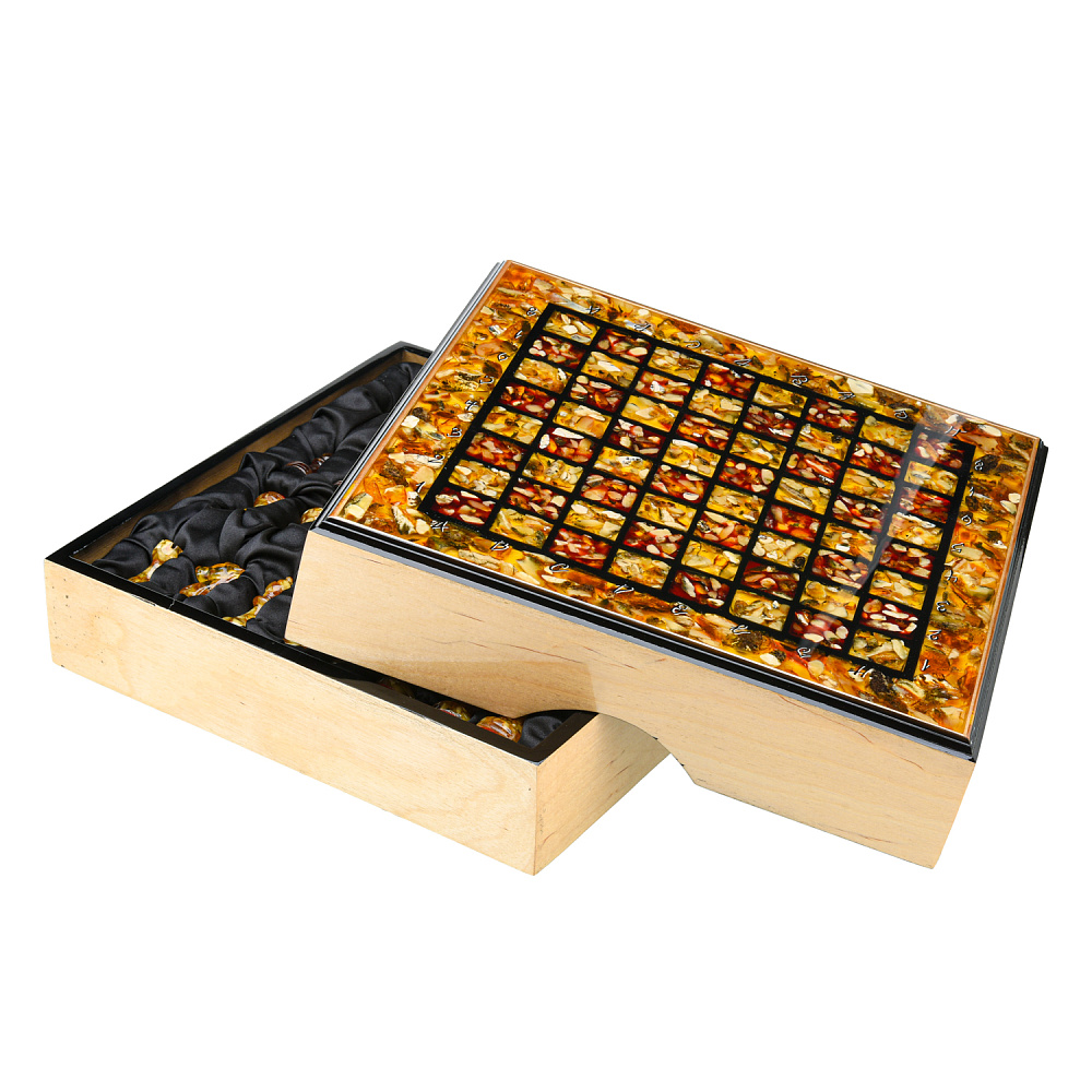 Шахматный ларец с инкрустацией и фигурами из янтаря 30х30 см - интернет магазин Русь Велика я фото 10