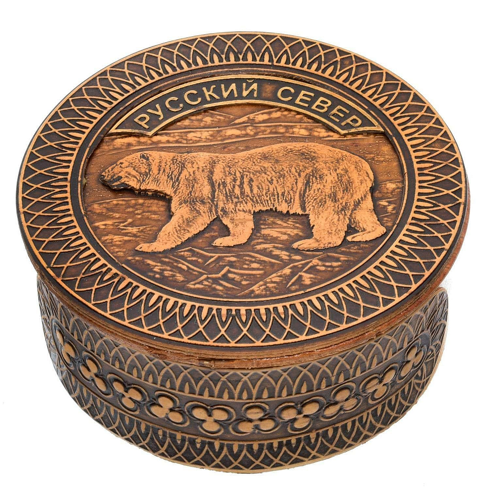 Шкатулка круглая из бересты «Медведь» - интернет магазин Русь Велика я 