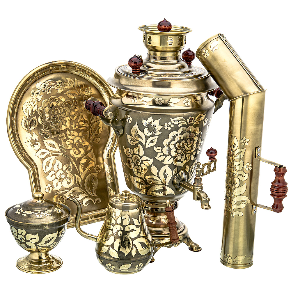Самовар латунный жаровой 5л «Цветы». Форма Рюмка - интернет магазин Русь Велика я 