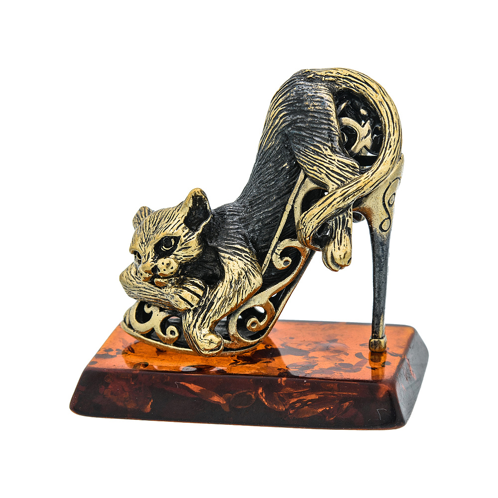 Статуэтка с янтарем «Кот на туфельке Золушки» - интернет магазин Русь Велика я 