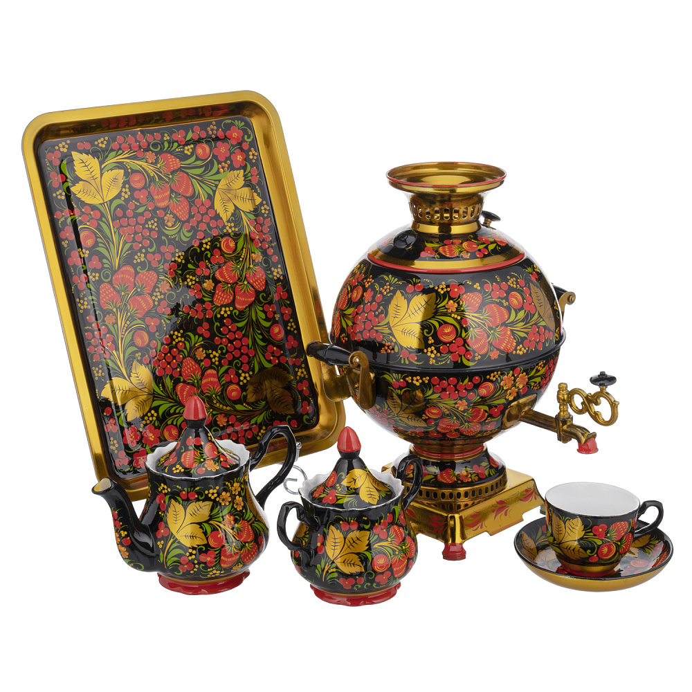 Самовар электрический 5 л с сервизом на 6 персон «Клубника». Хохлома - интернет магазин Русь Велика я фото 1