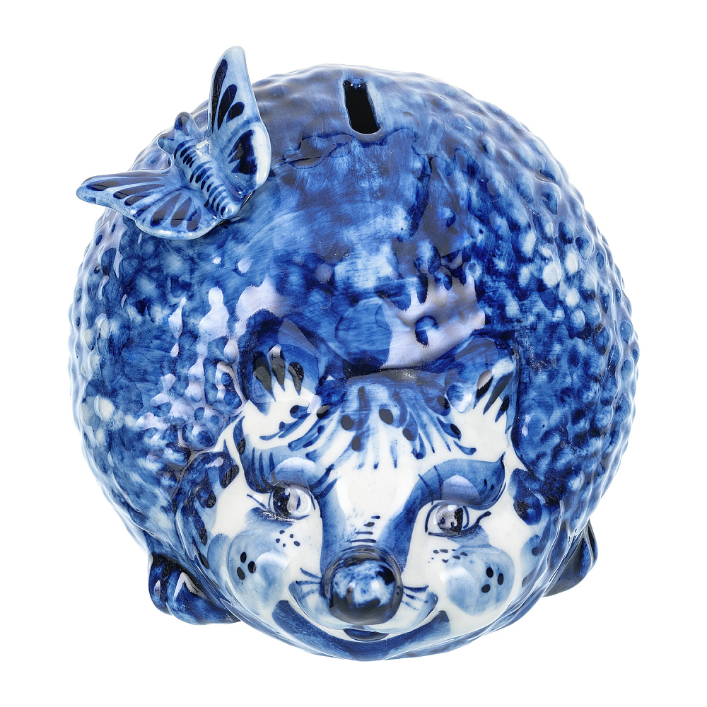 Статуэтка-копилка «Еж с бабочкой». Гжель - интернет магазин Русь Велика я фото 1