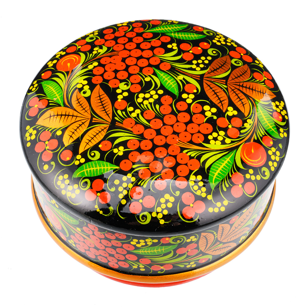Деревянная круглая шкатулка с росписью «Рябина». Хохлома - интернет магазин Русь Велика я 