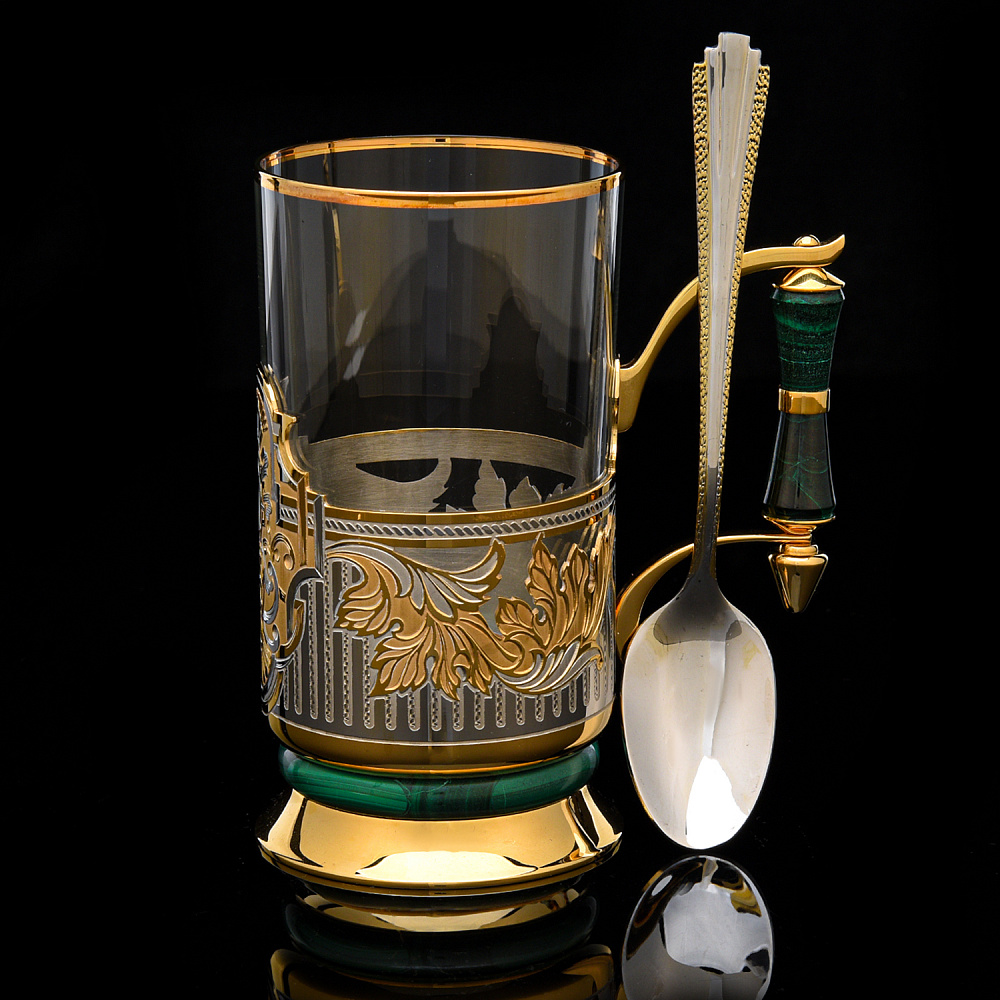 Подстаканник с золочением и малахитом «Орнамент». Златоуст - интернет магазин Русь Велика я 