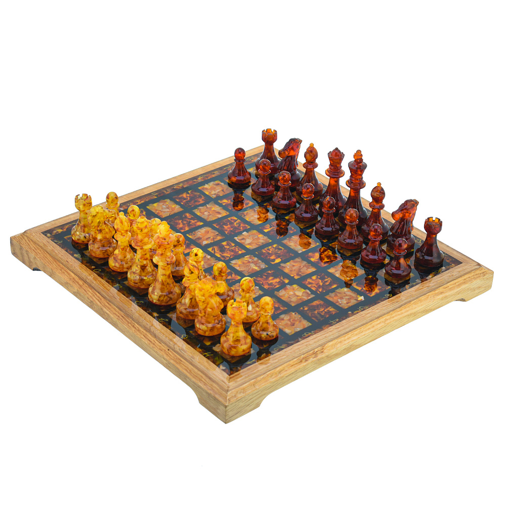 Шахматы с янтарными фигурами 28х28 см - интернет магазин Русь Велика я 