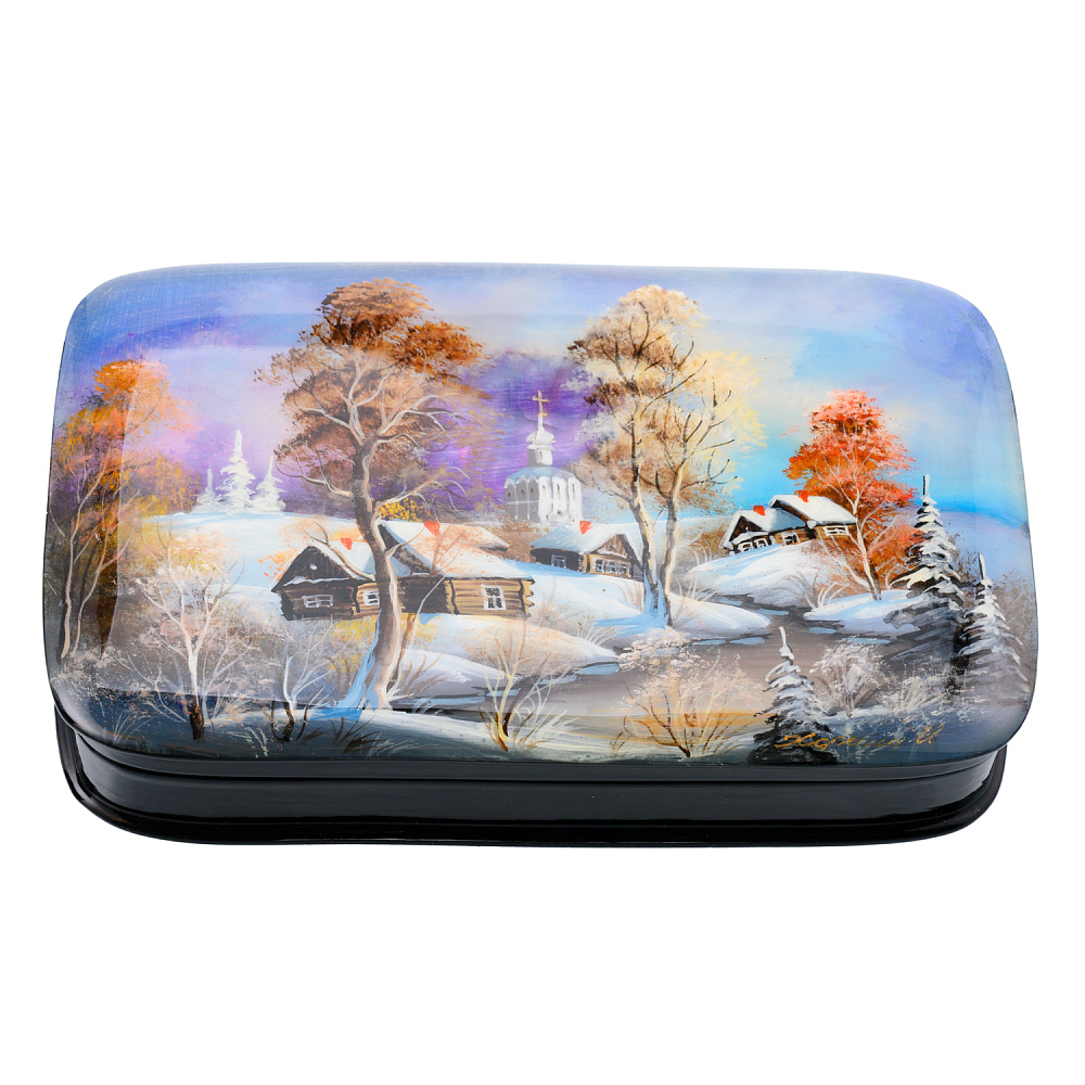 Шкатулка с художественной росписью «Зима в деревне» - интернет магазин Русь Велика я 