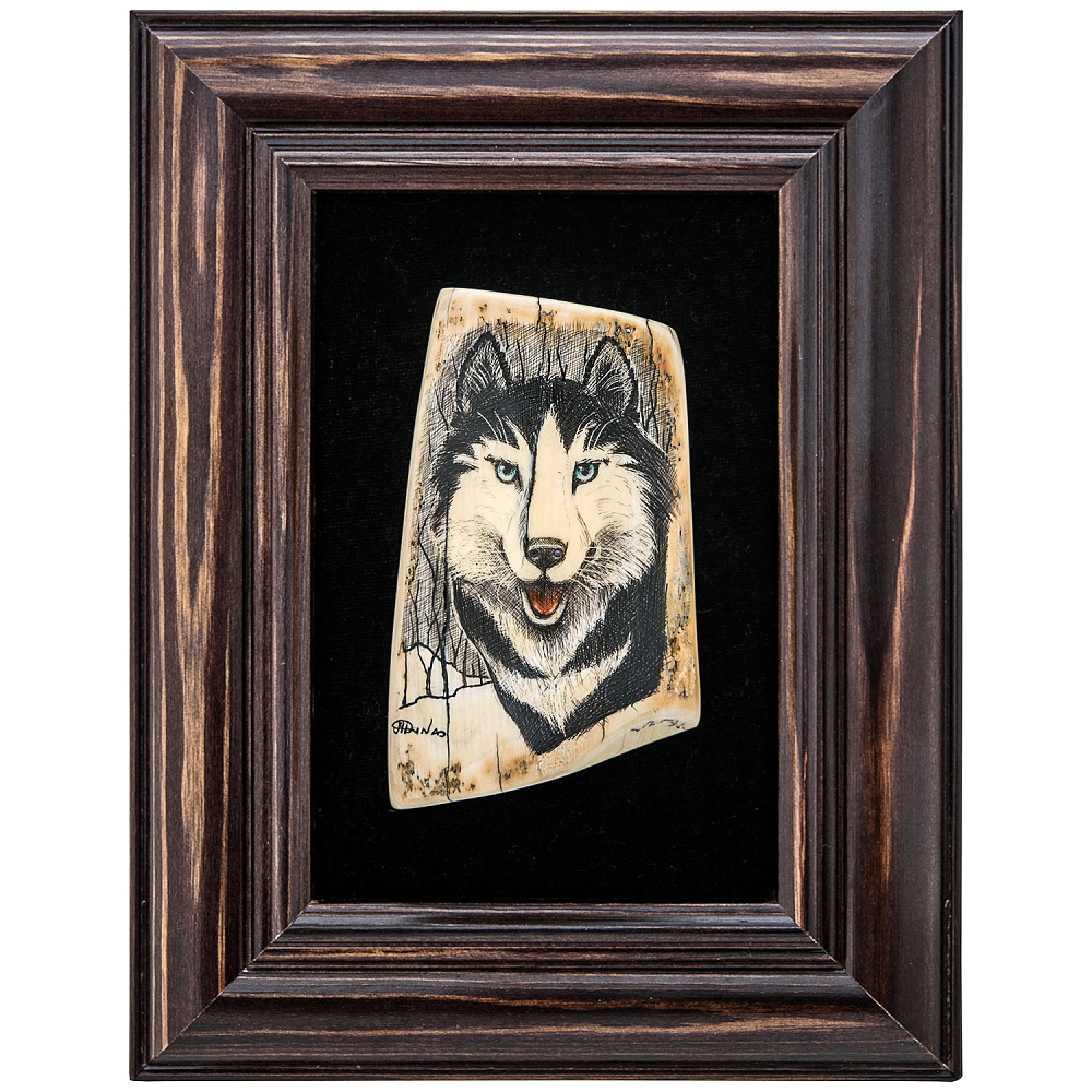 Панно из кости «Собака Хаски» 21,5 х 16,5 см - интернет магазин Русь Велика я 