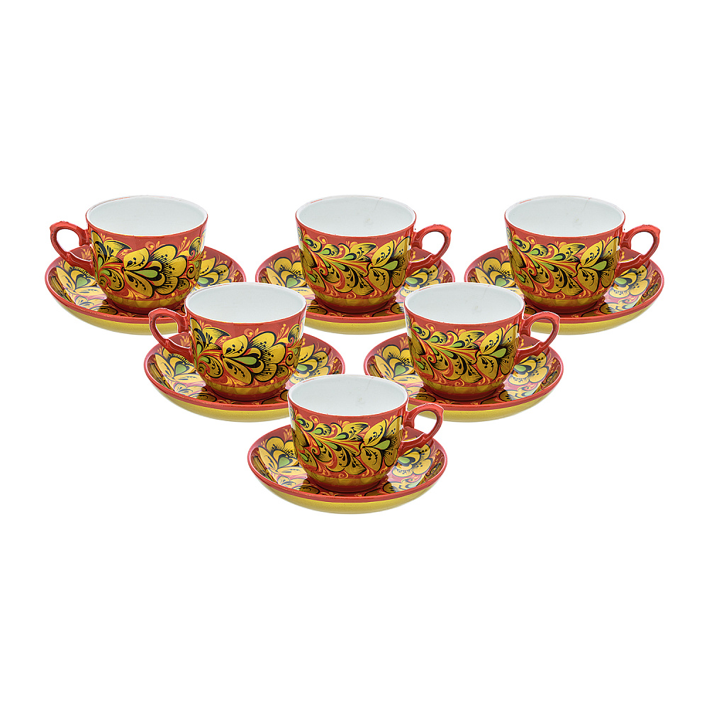 Чайный сервиз на 6 персон «Кудрина красная с зеленью». Хохлома - интернет магазин Русь Велика я фото 2