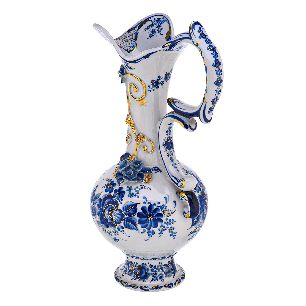 Кувшин фарфоровый с лепкой. Гжель в золоте - интернет магазин Русь Велика я фото 1