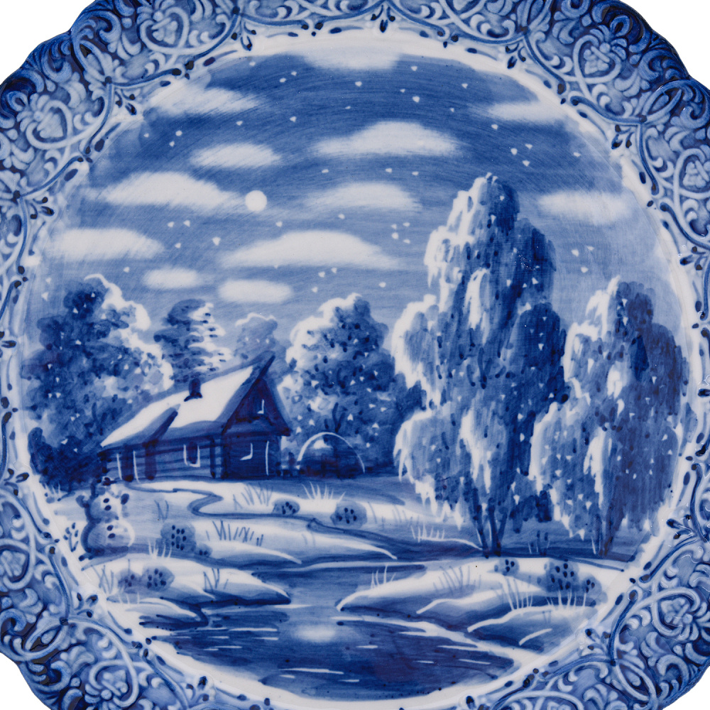 Тарелка декоративная «Зима в деревне». Гжель - интернет магазин Русь Велика я фото 1