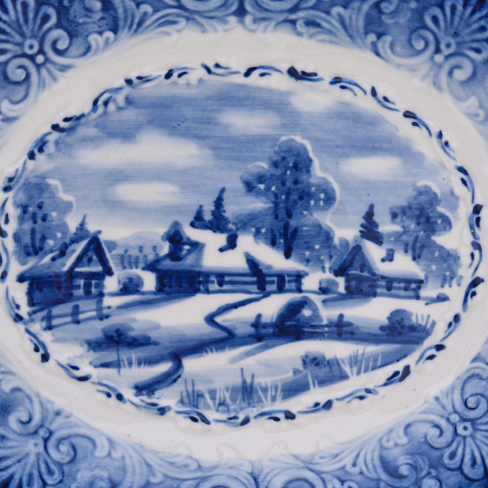 Тарелка декоративная «Зима в деревне». Гжель - интернет магазин Русь Велика я фото 1