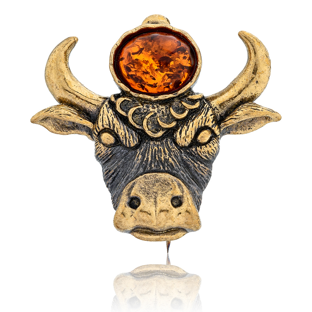 Брошь с янтарем «Знак зодиака Телец» - интернет магазин Русь Велика я 