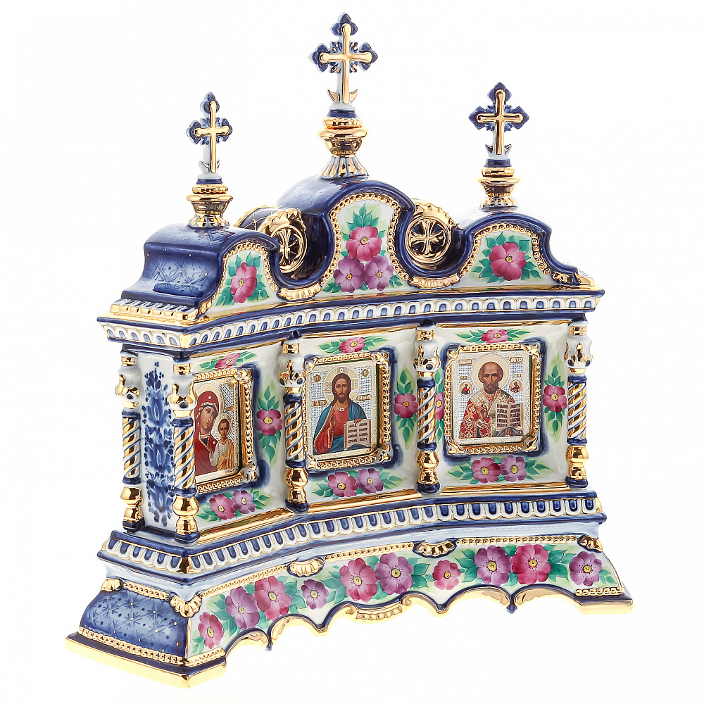 Киот настольный «Вседержитель, Божья Матерь, Николай Чудотворец». Гжель 40х40 см. - интернет магазин Русь Велика я фото 6