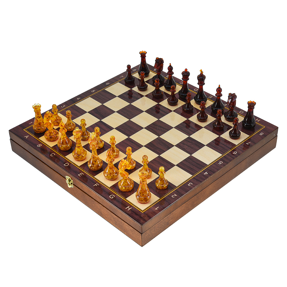Шахматы с фигурами из янтаря 37х37 см - интернет магазин Русь Велика я 