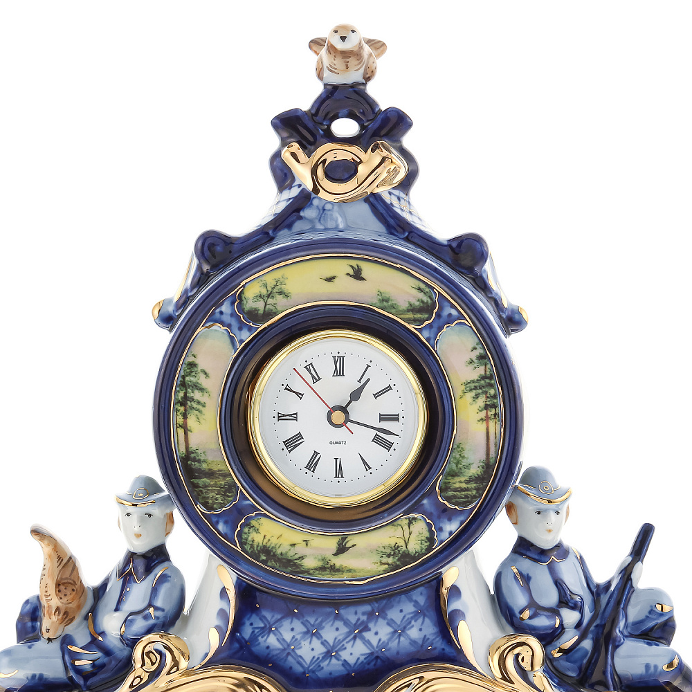 Часы настольные «Охота». Гжель в цвете и золоте. Фарфор Гжель - интернет магазин Русь Велика я фото 2