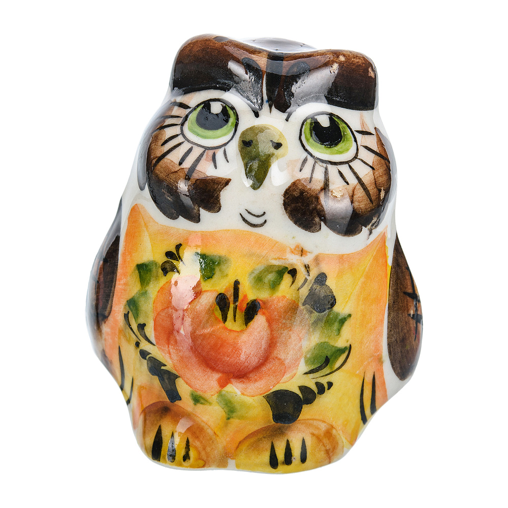 Статуэтка «Сова с цветком». Гжель в цвете - интернет магазин Русь Велика я 