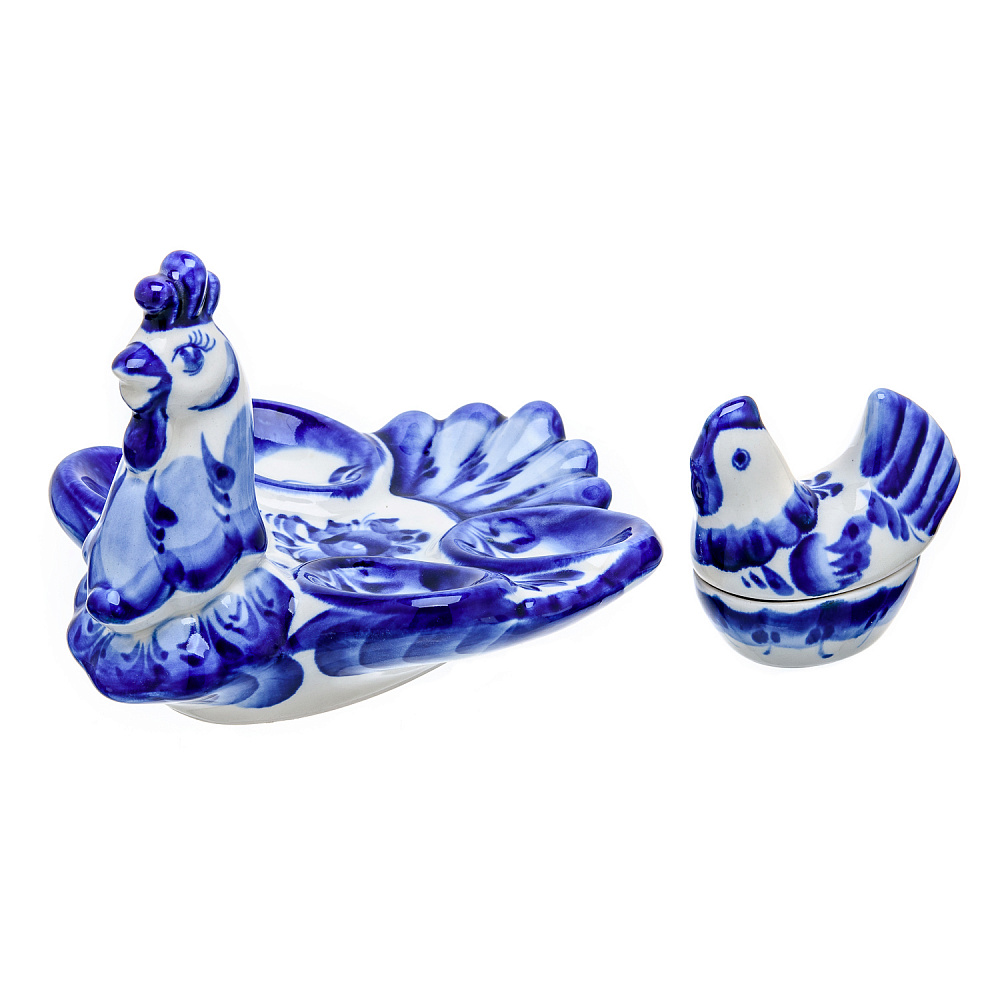 Пасхальница на 4 яйца «Курочка» с солонкой. Гжель - интернет магазин Русь Велика я фото 5