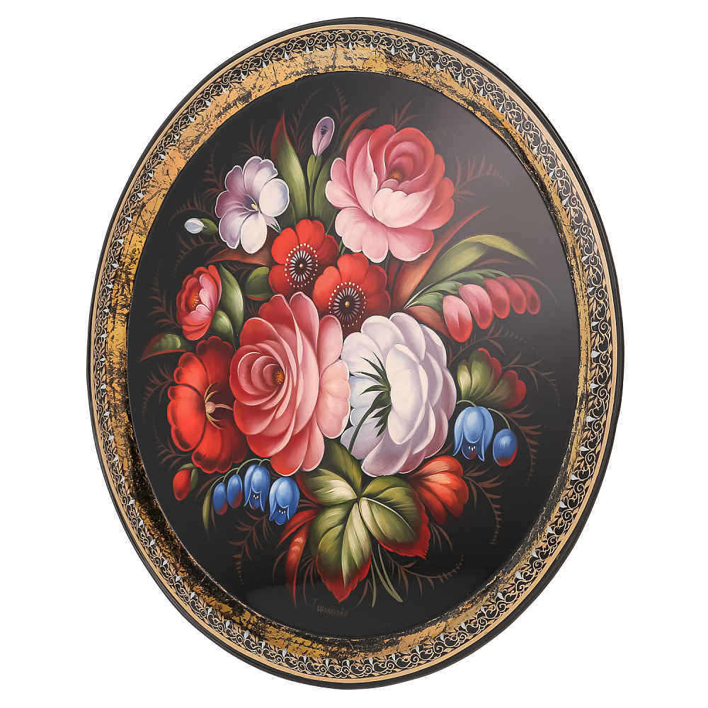 Поднос с авторской росписью «Цветы» 44х44 см - интернет магазин Русь Велика я фото 2