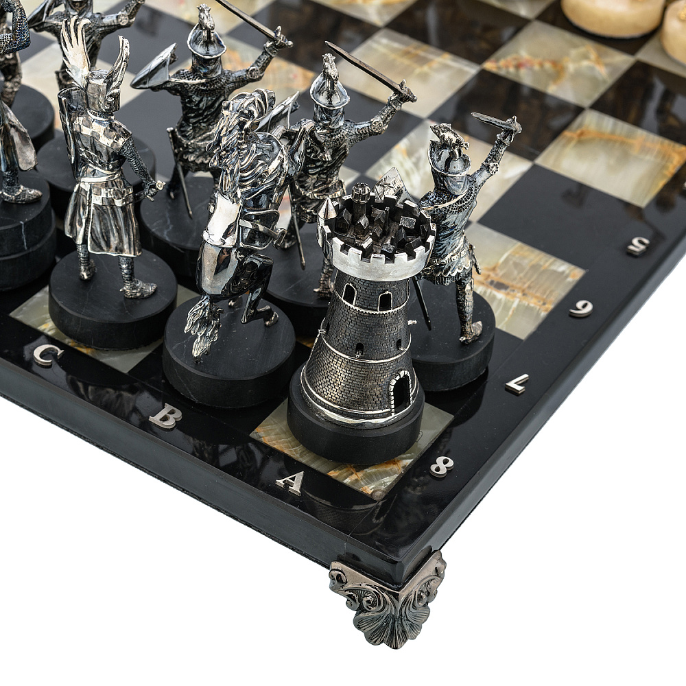 Шахматы с полем из камня и фигурами из серебра «Сражение» 35х35 см - интернет магазин Русь Велика я фото 12
